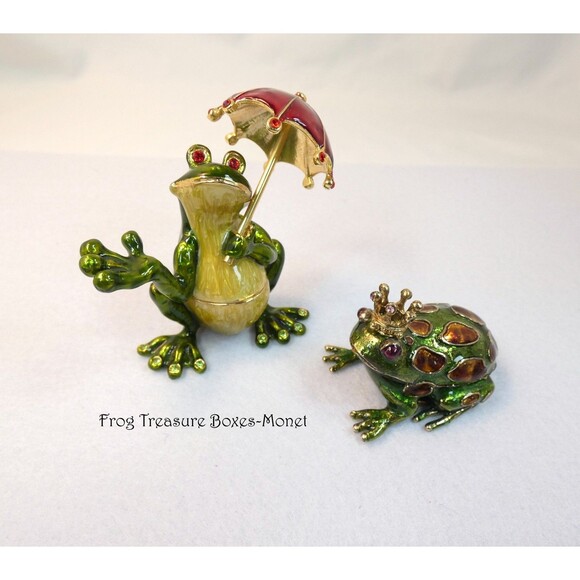 Two Pewter Enamel Rhinestone Frog Trinket Treasure Boxes Umbrella Monet Gift - Picture 4 of 7